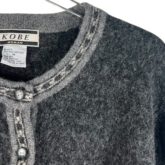 Vintage KOBE Plus Size 1X Shetland Wool Sweater Cardigan Fair Isle Snowflake - Picture 3 of 7